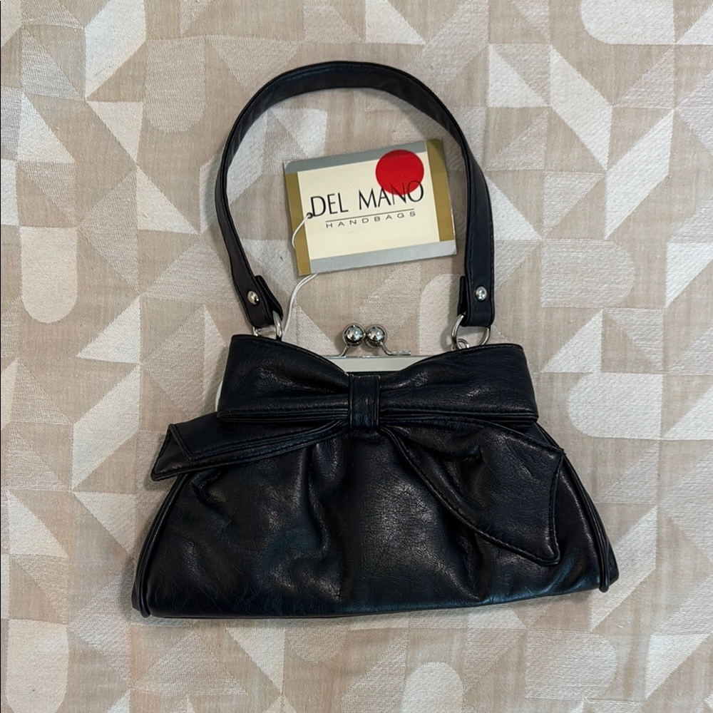 Black bow Clutch with Structured Design and Wristlet leather
